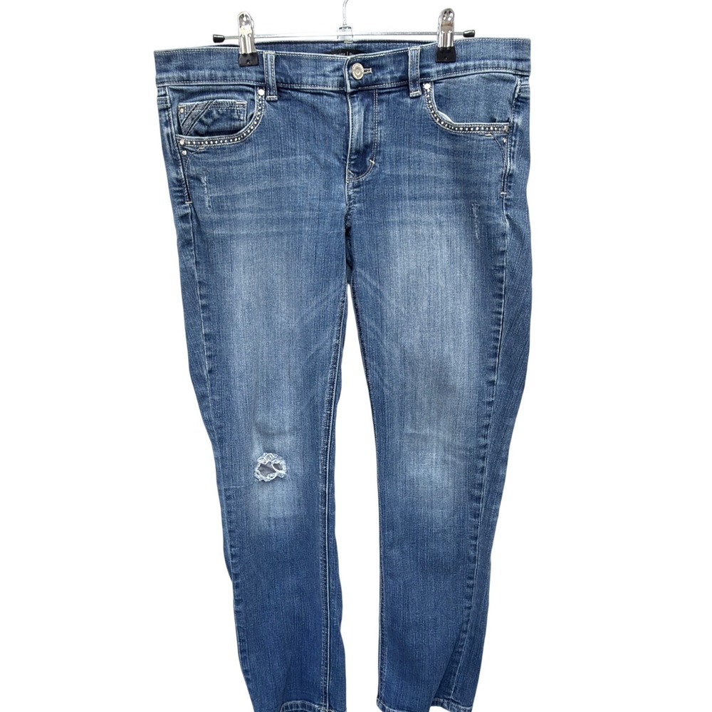 White House Black Market Noir Slim Ankle Jeans‎ 10R Blue Rhinestone Distressed